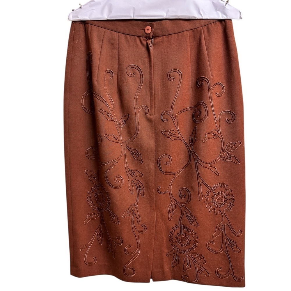 Carmen Marc Valvo Embroidered Wool Skirt Brown Floral Midi Size 6